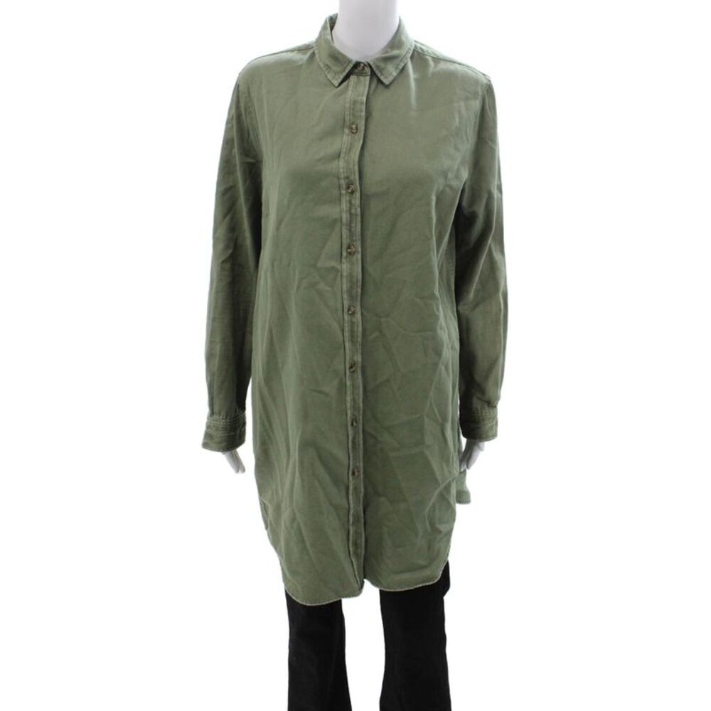 Unsubscribed Women Shirt Dress Green Cotton Long Sleeve Collared Army Size S